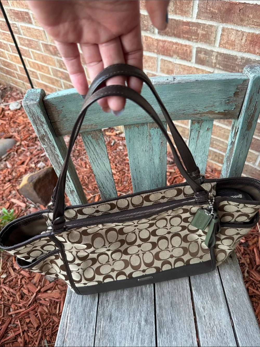 Coach Park Signature Carrie Tote 👜 w/Monogram canvas & dark brown leather trim